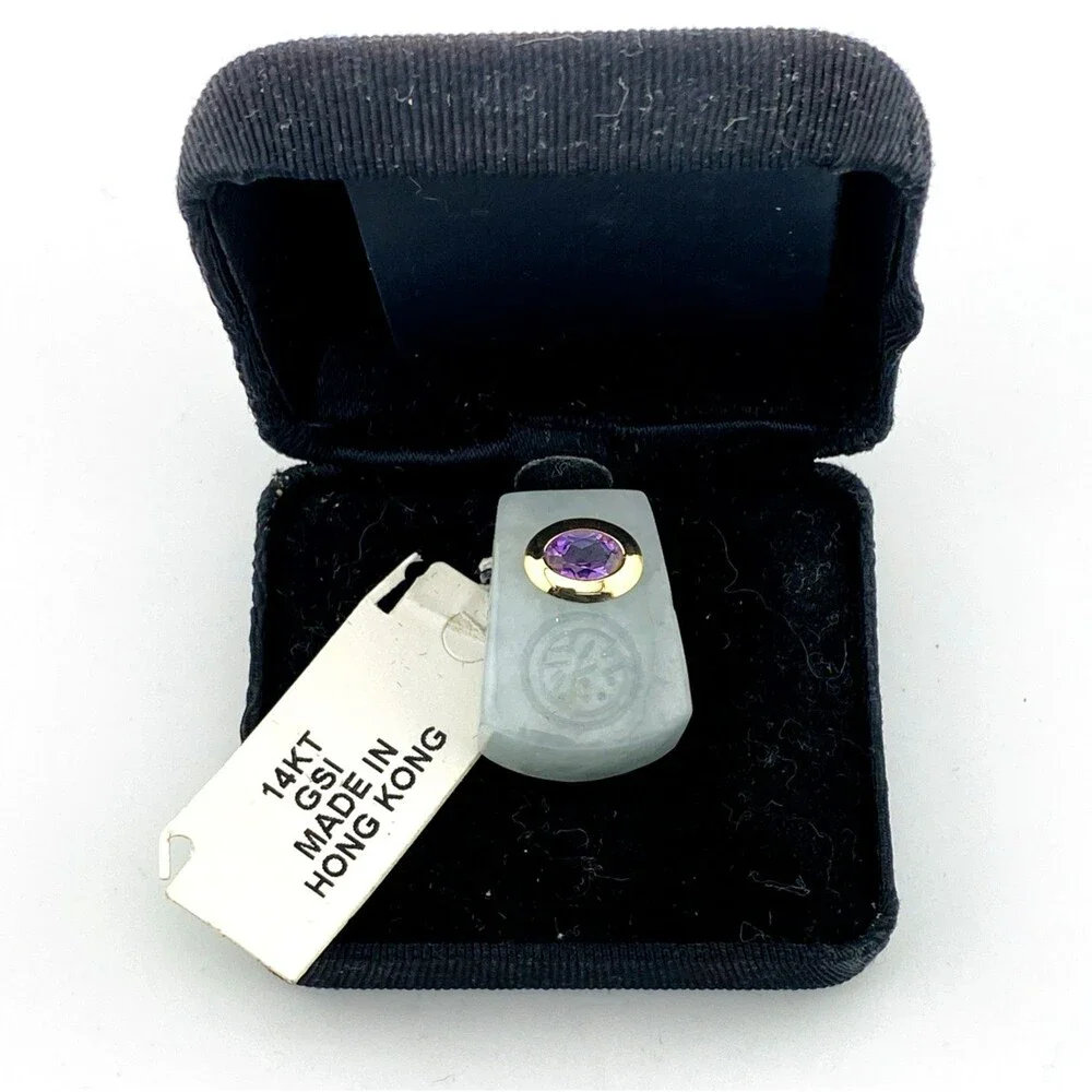 Hong Kong Jade Pendant 14k Gold w/ Amethyst NEW w/ Tag in Original Gift Box